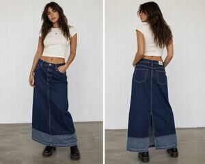 Vintage Riveted by Lee Denim Maxi Skirt 8M Dark Wash Y2K Minimalist